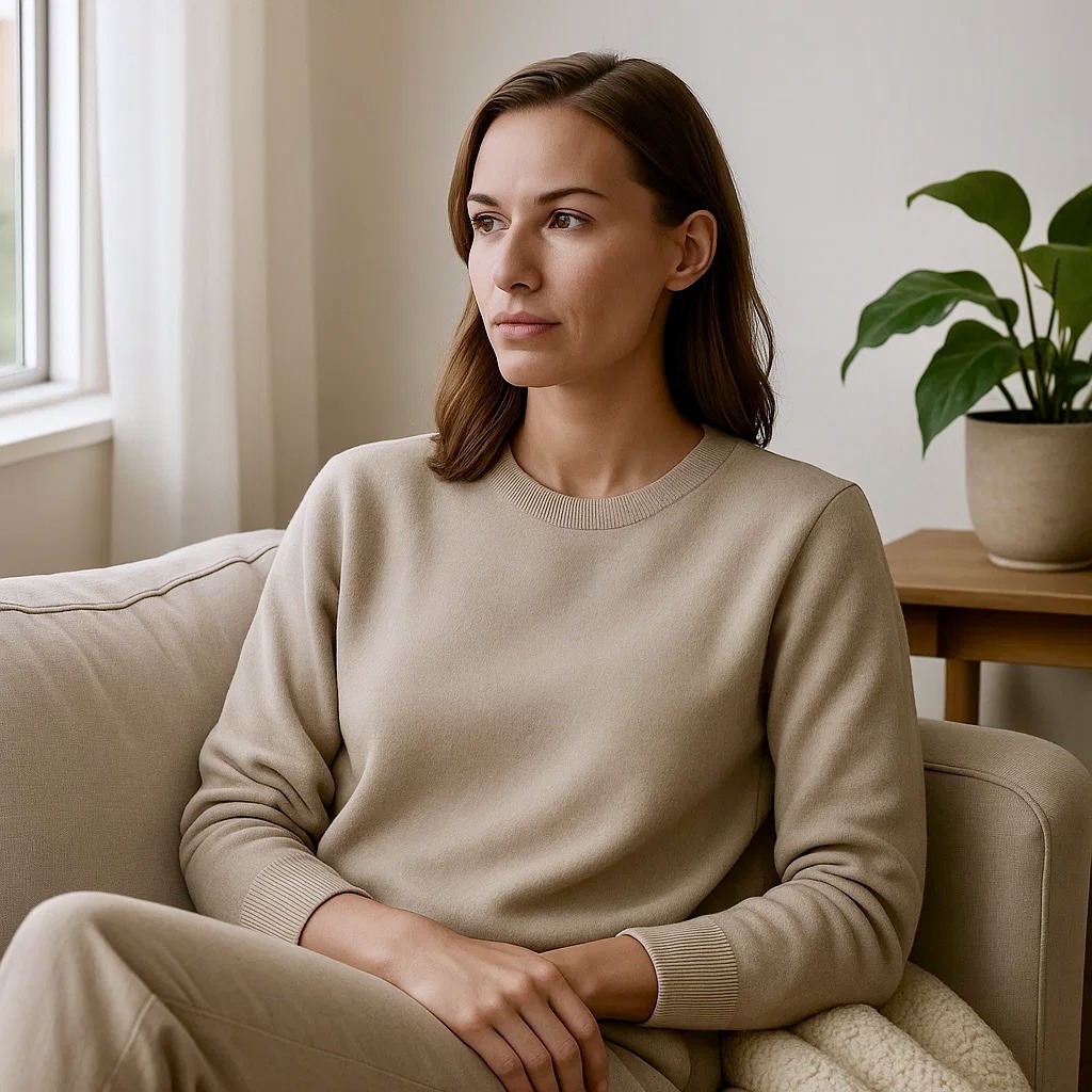 Frau sitzt ruhig auf einem Sofa und blickt gedankenversunken aus dem Fenster. Ihre Körperhaltung ist aufrecht, ihr Blick nach innen gerichtet. Das Bild symbolisiert einen Moment der Selbstreflexion – typisch für den Beginn einer Trennungsverarbeitung und Trennungsberatung