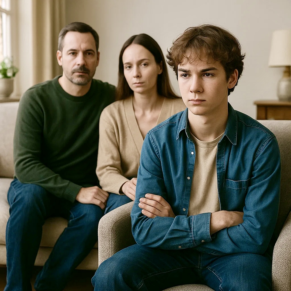 Ein jugendlicher Junge sitzt mit verschränkten Armen im Vordergrund, sichtbar angespannt. Im Hintergrund sitzen seine Eltern mit ernstem Gesichtsausdruck. Das Bild zeigt eine konflikthafte Familiensituation – ein häufiger Ausgangspunkt in der systemischen Familienberatung.