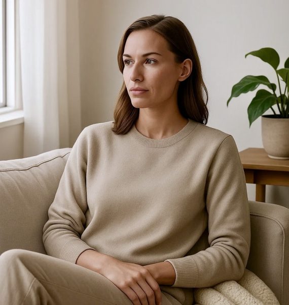 Frau sitzt ruhig auf einem Sofa und blickt gedankenversunken aus dem Fenster. Ihre Körperhaltung ist aufrecht, ihr Blick nach innen gerichtet. Das Bild symbolisiert einen Moment der Selbstreflexion – typisch für den Beginn einer Trennungsverarbeitung.