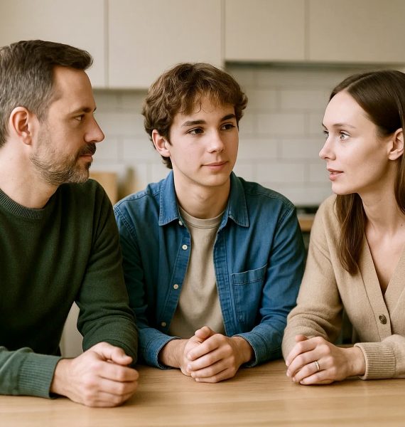 Jugendlicher sitzt mit seinen Eltern an einem Küchentisch. Alle drei blicken sich aufmerksam an, die Eltern wirken verständnisvoll und zugewandt. Die Szene vermittelt ein ernsthaftes, aber konstruktives Gespräch – typisch für eine Familientherapie mit Jugendlichen.